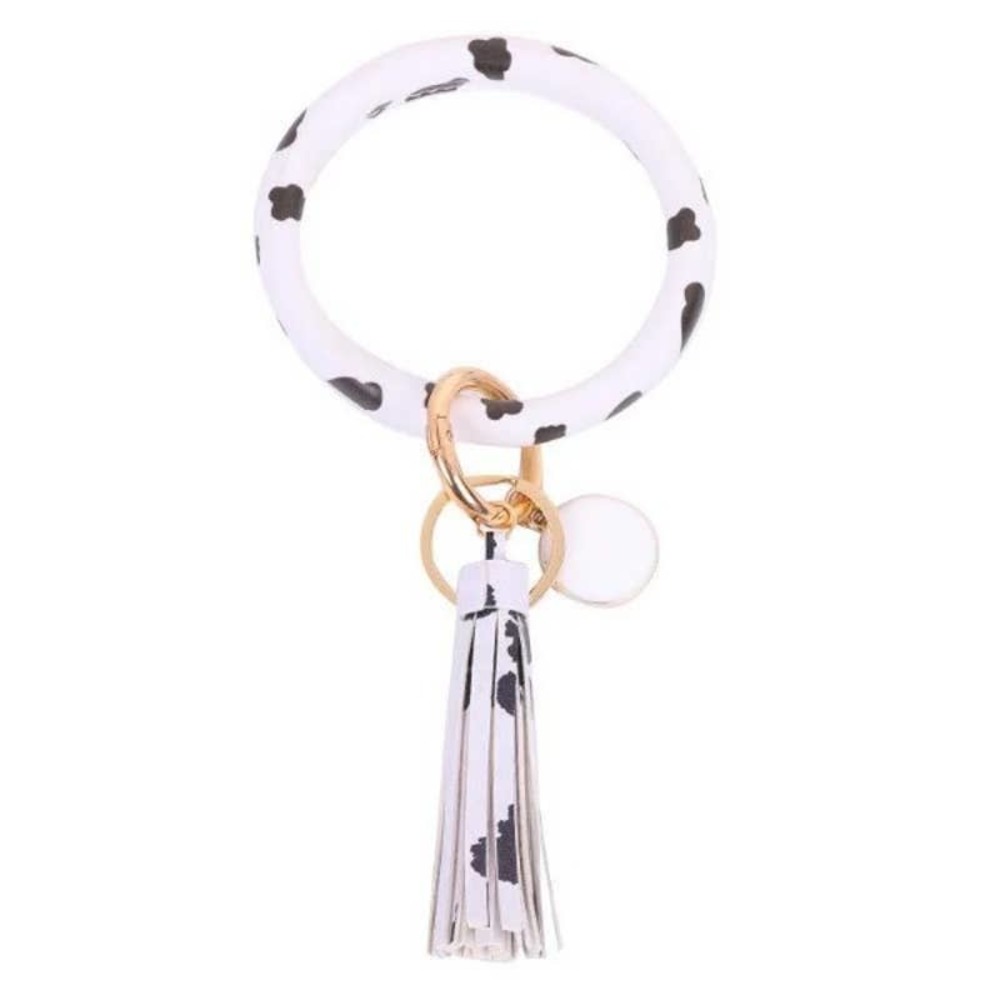 Cow Print‎ Vegan Leather Tassel Bangle Keychain~~NWOT